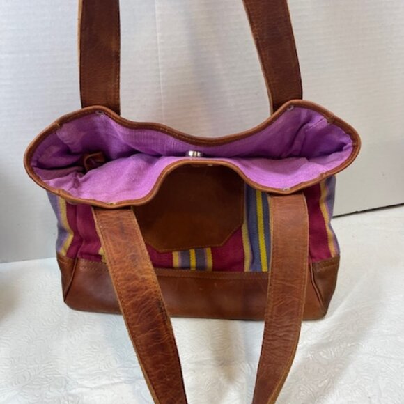 VTG Brown Leather & Striped Tapestry Handbag Snap Closure 11"x4"x10.5" - Picture 5 of 13